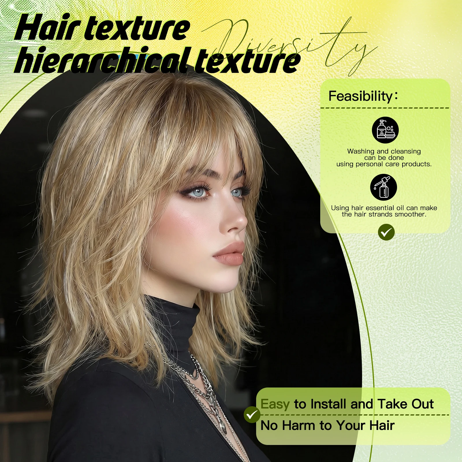 Blonde Ombre Layered Medium Fluffy Wolf Cut Wig with Bangs Heat Resistant Synthetic Natural Looking for Women Daily Cosplay Wear