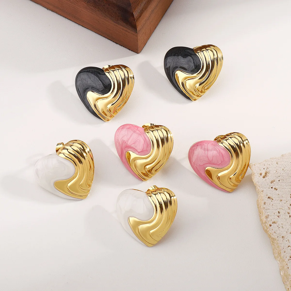 Elegant Stainless Steel Enamel Heart Stud Earrings, Stylish Two-Tone Spliced Prunus Persica, Versatile Heart Earrings for Women