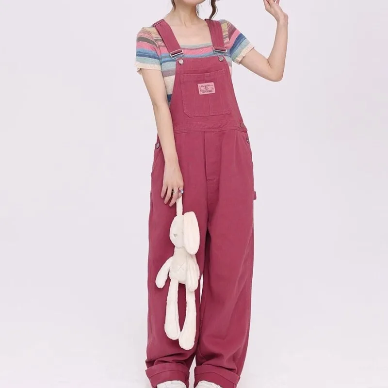 

Rose Red Denim Jumpsuit Women High Street Vintage Harajuku Style High-Waisted Loose Straight Wide Leg Jeans Trousers Overalls