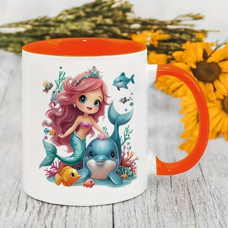 Mermaid Princess With Dolphin Fish Colorful Print Ceramic Coffee Mug 11oz 350ml Personalized Custom Cute Aesthetic Mug Microwave