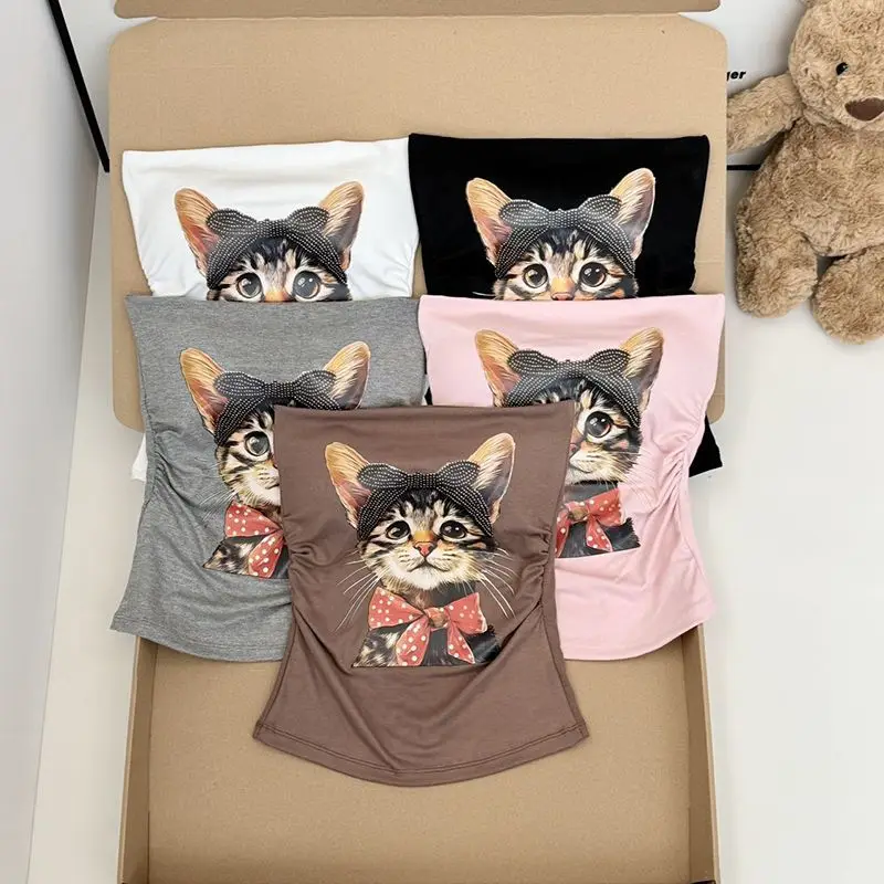 Nette Cartoon Print Frauen Tanks Sommer Sexy Off Schulter Crop Tops Mode Katze Dünne Weibliche Camis Y2k Streetwear Damen Tanks Neue