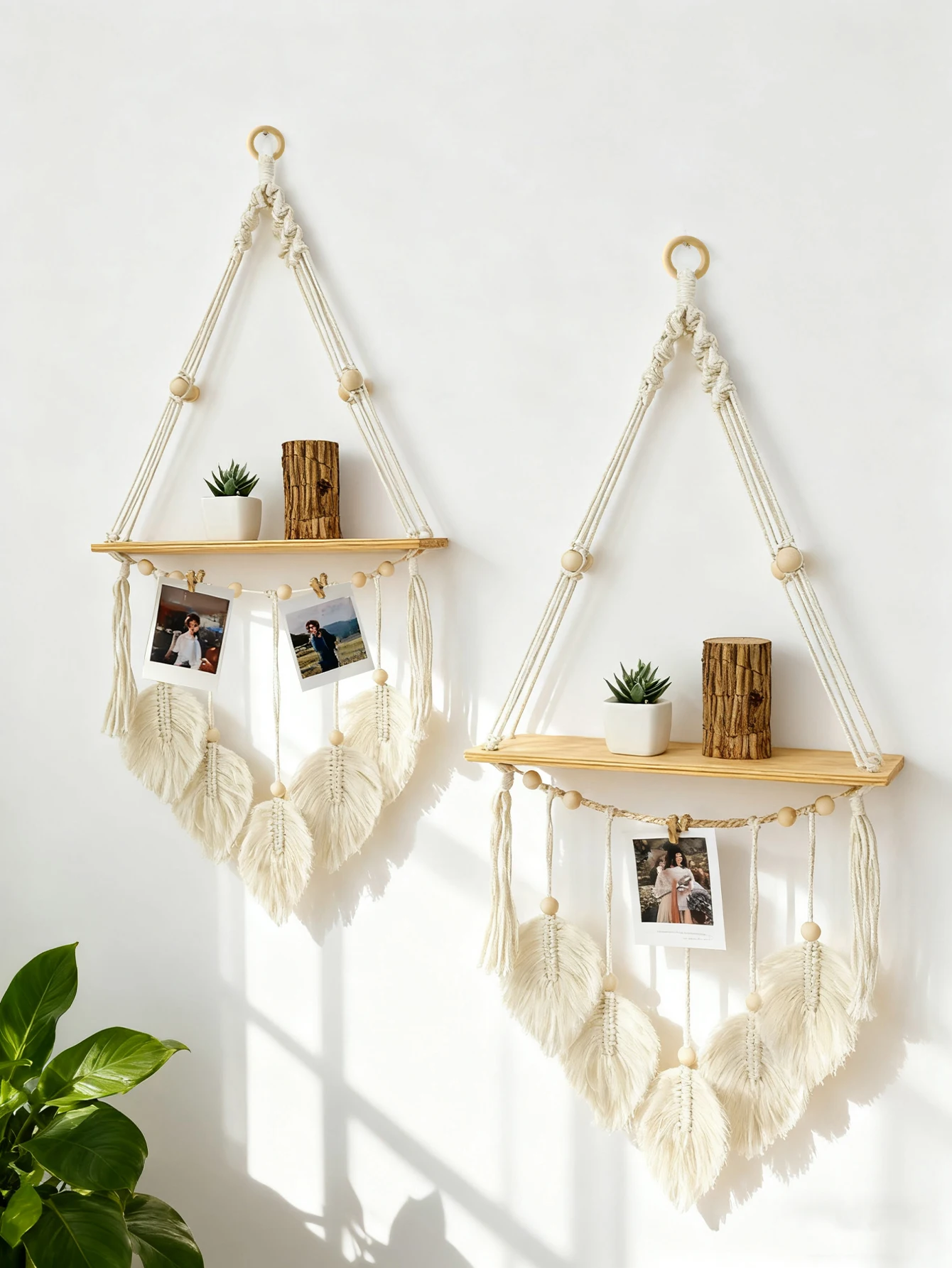 Boho Macrame Wall Hanging Shelf with Leaves Tassels Wooden Bead Floating Shelf for Home Bedroom Plant & Photo Display Decor Gift