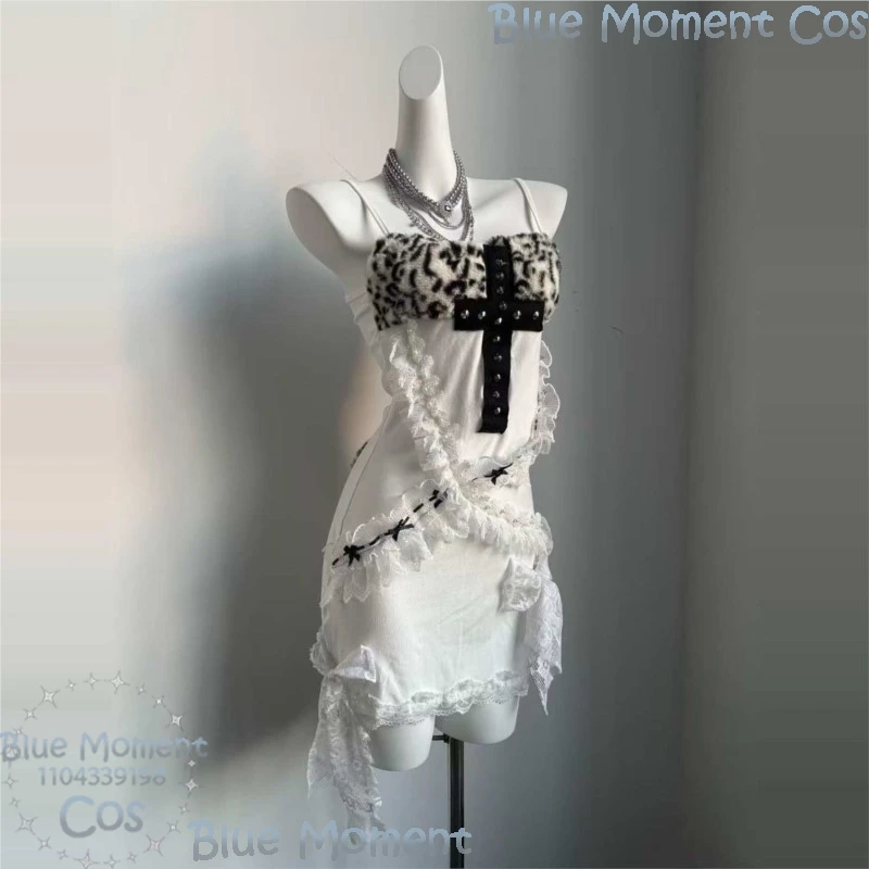 Y2K فتاة حار مثير الدانتيل الرسن حزمة الورك فستان ليوبارد طباعة الصليب فستان جيراي كي الفتيات تأثيري هالوين مهرجان كوميك كون #3