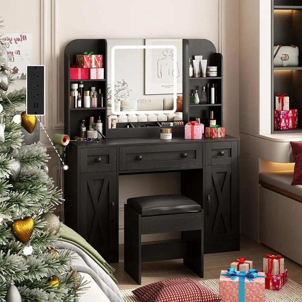 

Vanity Mirror with Lights, Makeup Vanity Desk with Stool, Vanity Table with Large Storage Drawers and Shelves