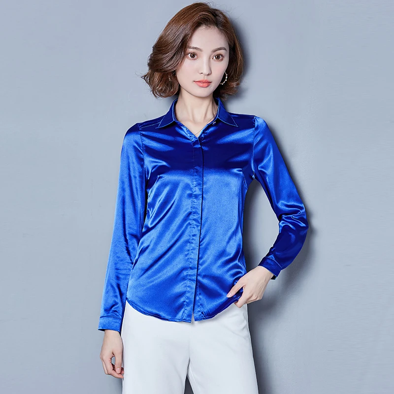 Glossy slip satin shirts women long sleeve Shiny satin blouses women work wear office OL shirts formal satin tops