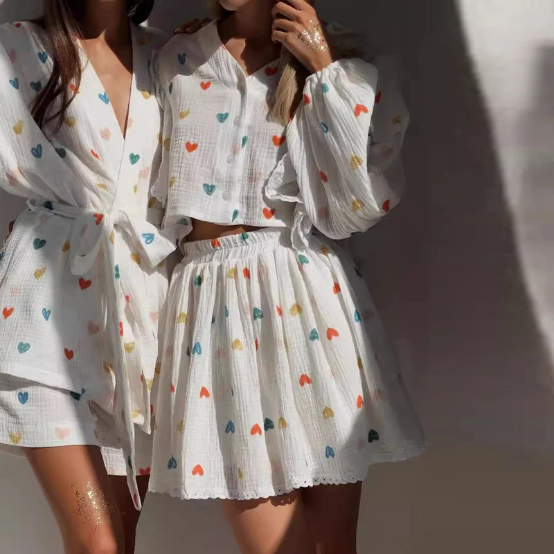 Autumn Long Sleeve Casual Outfit Spring Fashion Heart Print Two Piece Set Elegant V Neck Button Ruffle Top & Skirts Women's Suit