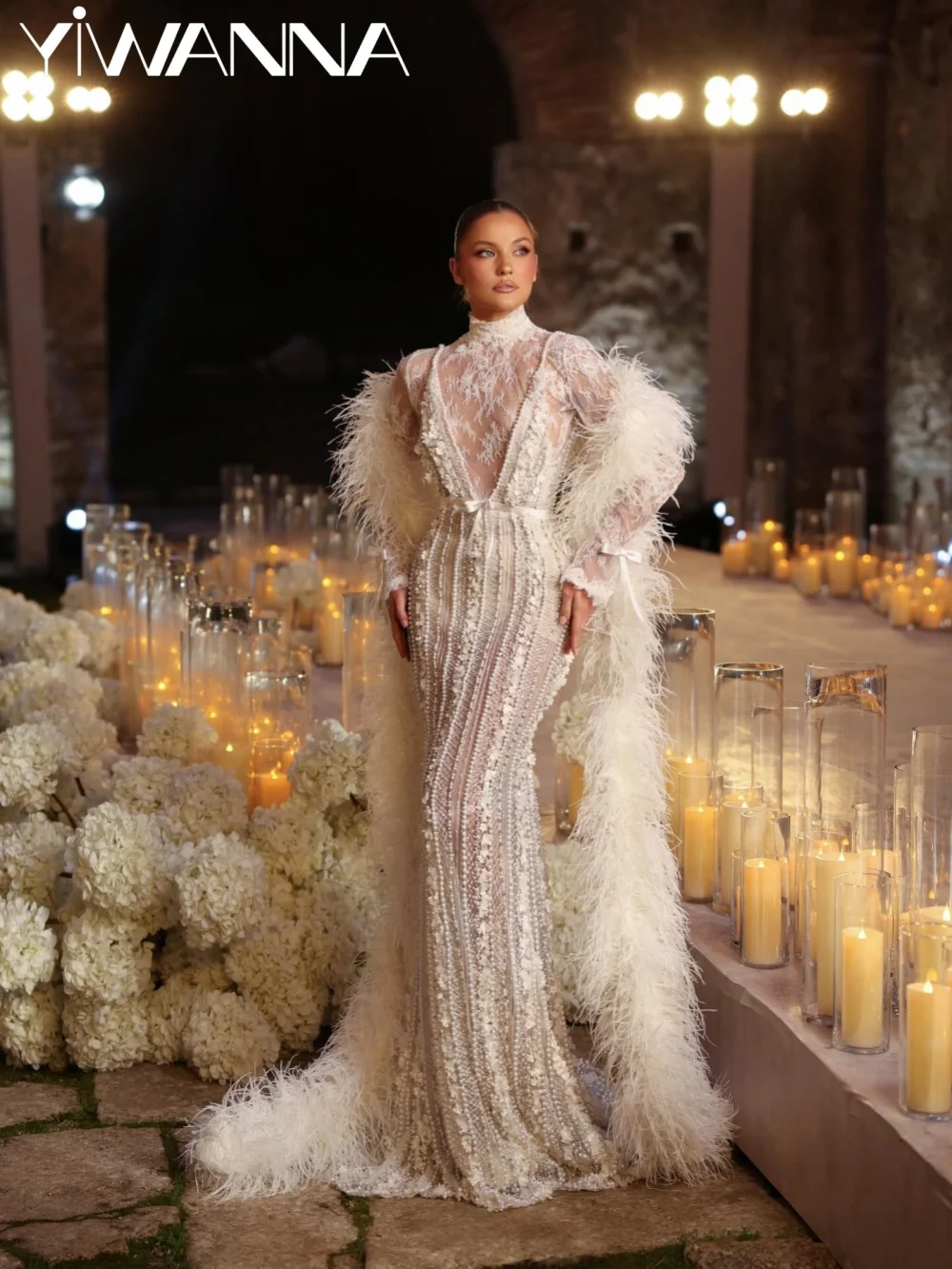 Opulent Sparkly Pearls Wedding Dress Feathered Shawl High Collar Bridal Gown Customized Dreamy 3D Floral Long Dresses For Bride