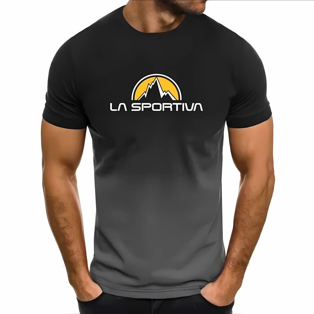 

2025 Summer Men's Fashion Gradient Letter Printed Round Neck T-shirt Men's Casual Sports Speed Drying Running Top Short Sleeve