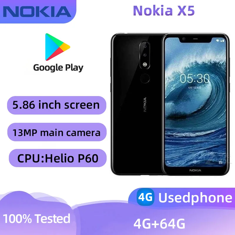 Nokia X5 4g SmartPhone Android CPU Helio P60（MT6771） 5.86 inches 3060mAh Battery 13MP Camera Original  Used Phone