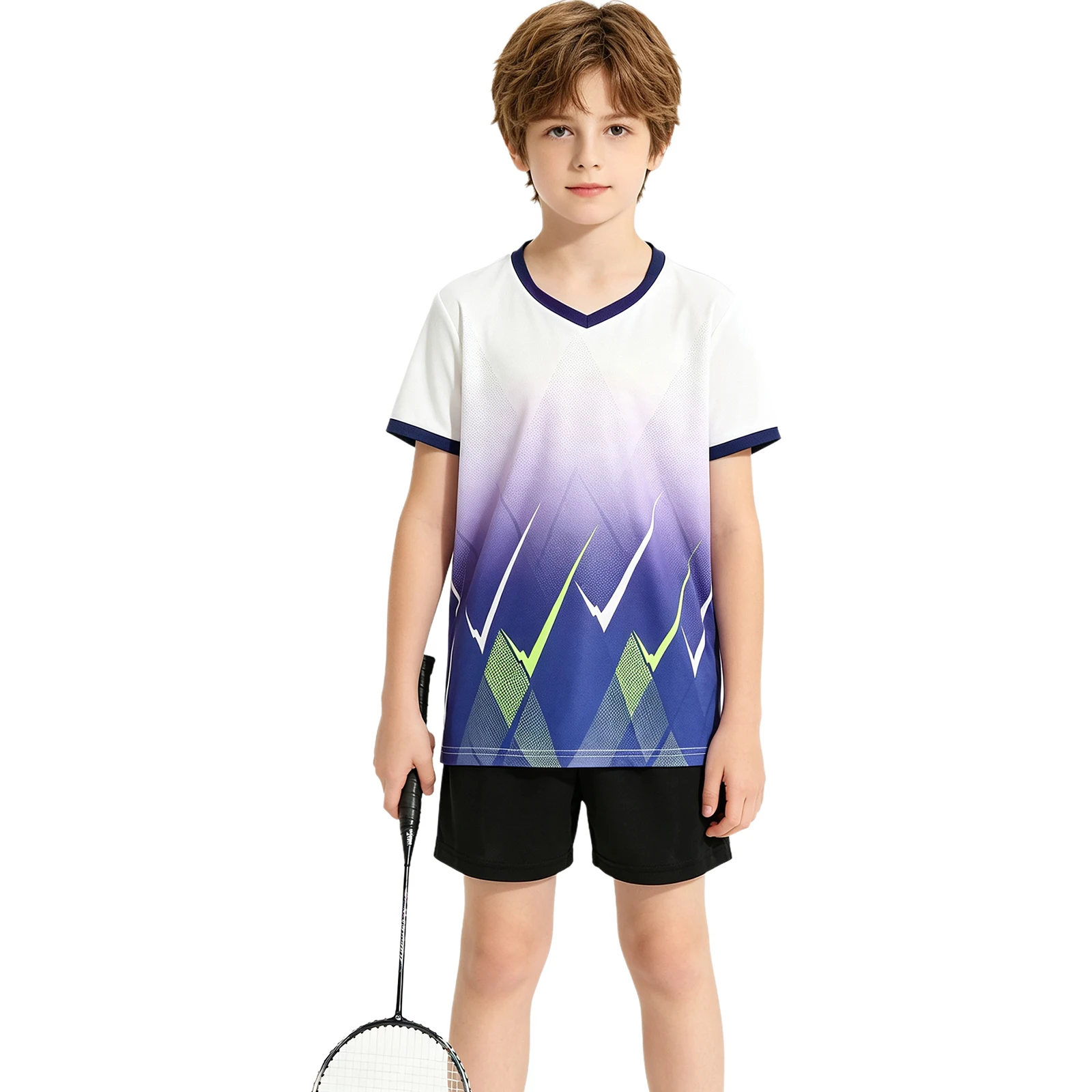 Kids Boys Girls Quick-dry Badminton Football Sports Uniform Short Sleeve Printed Shirts with Shorts Set