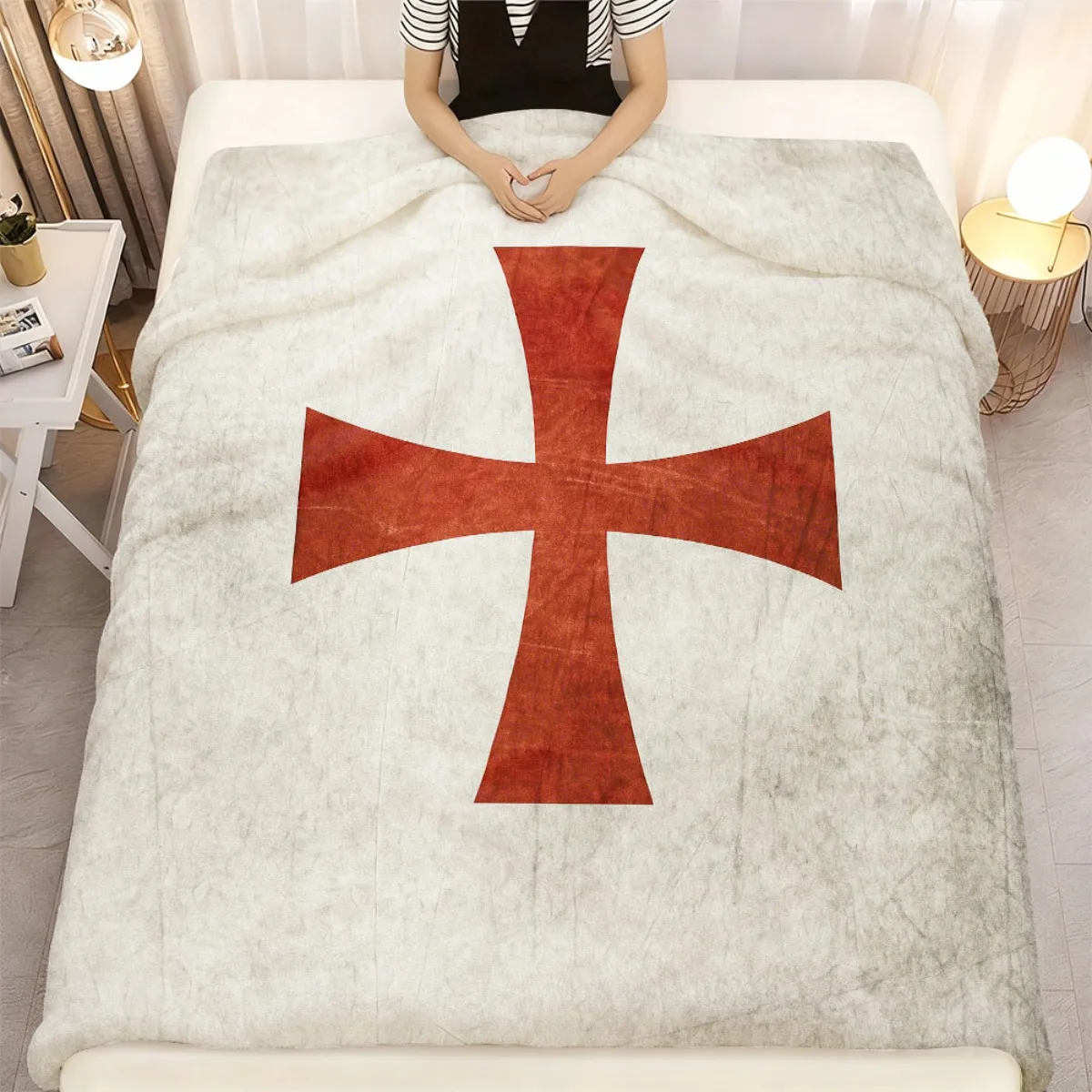 Temple Knights Cross Flannel Blanket Wine Red and White Medieval Style Design, Soft and Durable AntiWrinkle AllSeason Use, Dormi