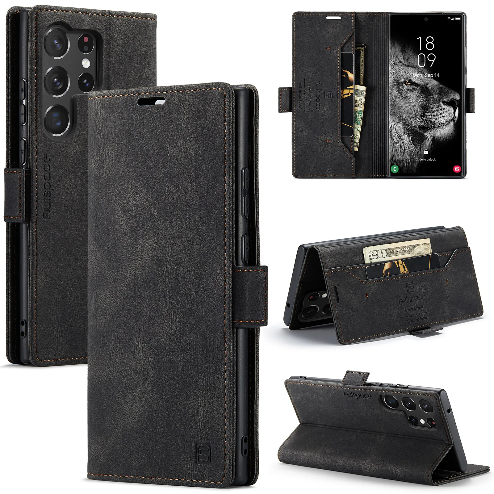 Luxus Skin Feel Retro Ledertasche für Galaxy S26 Ultra S25 Ultra S24 Ultra RFID Blocking Magnetverschluss Flip Cover