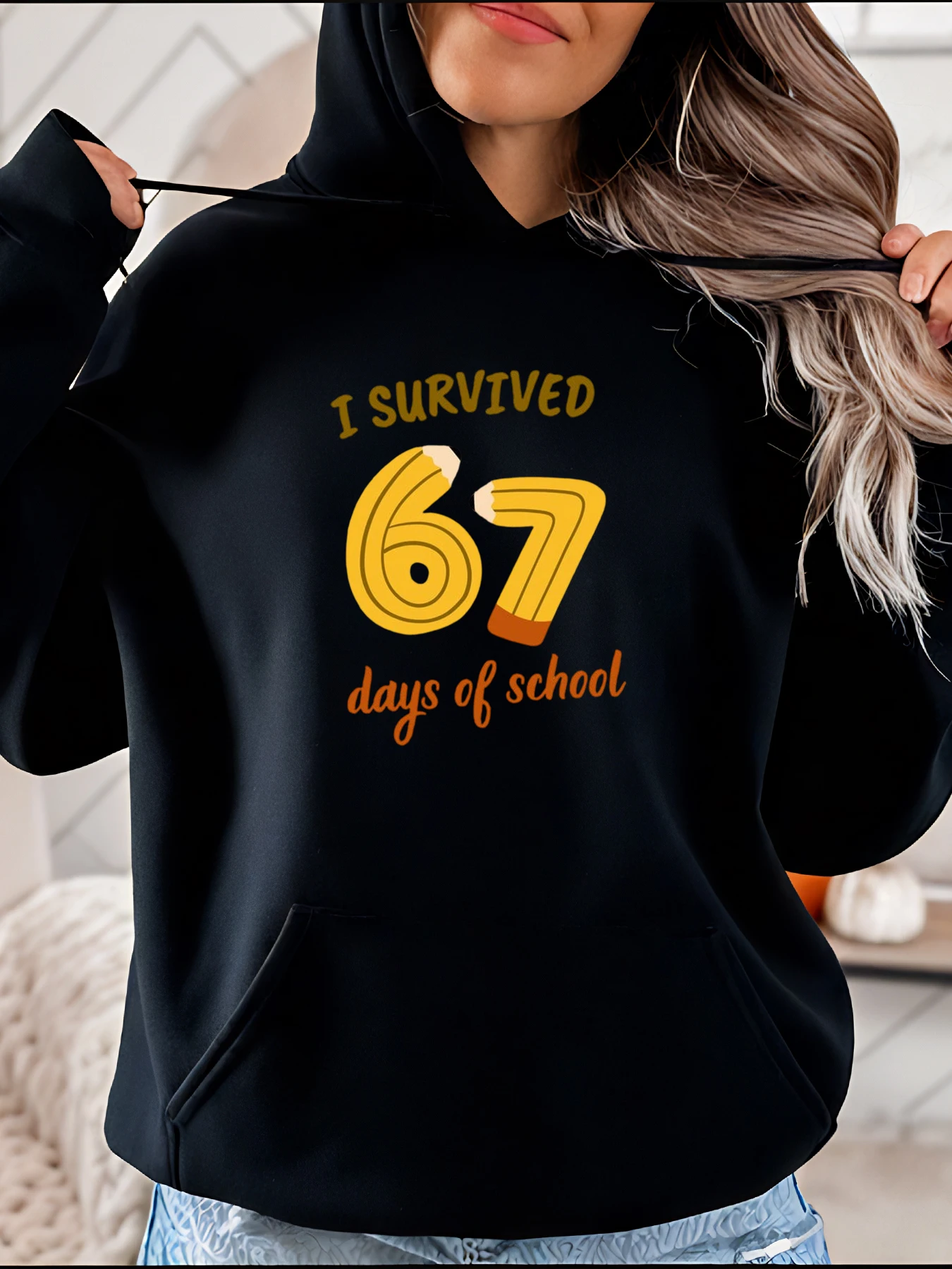 I Survived 67 Days of School Printed Hoodie Casual Style with Number and Pencil Design for Women School Wear