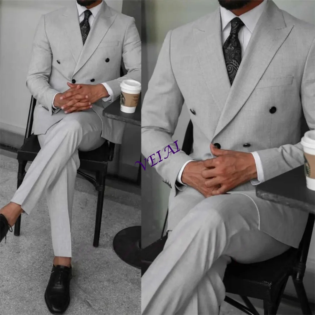 

Business Men's Suits Light Gray 2 Piece Sets Formal Double Breasted Suit Jacket Slim Fit Wide Peak Lapel Tuxedo Customized
