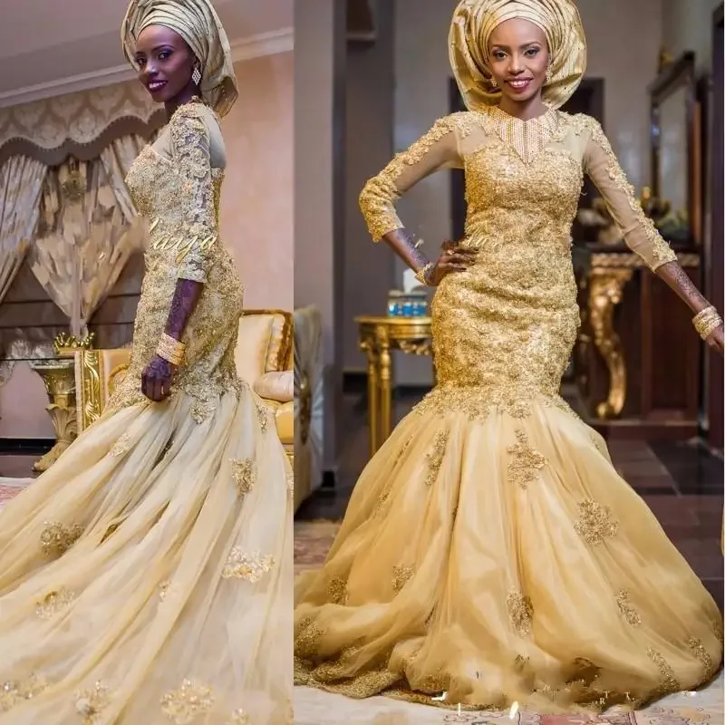 

Customized African Mermaid Gold Plus Size Wedding Dresses Scoop Neckline Bridal Dress Long Sleeves Lace Appliques Court Train We