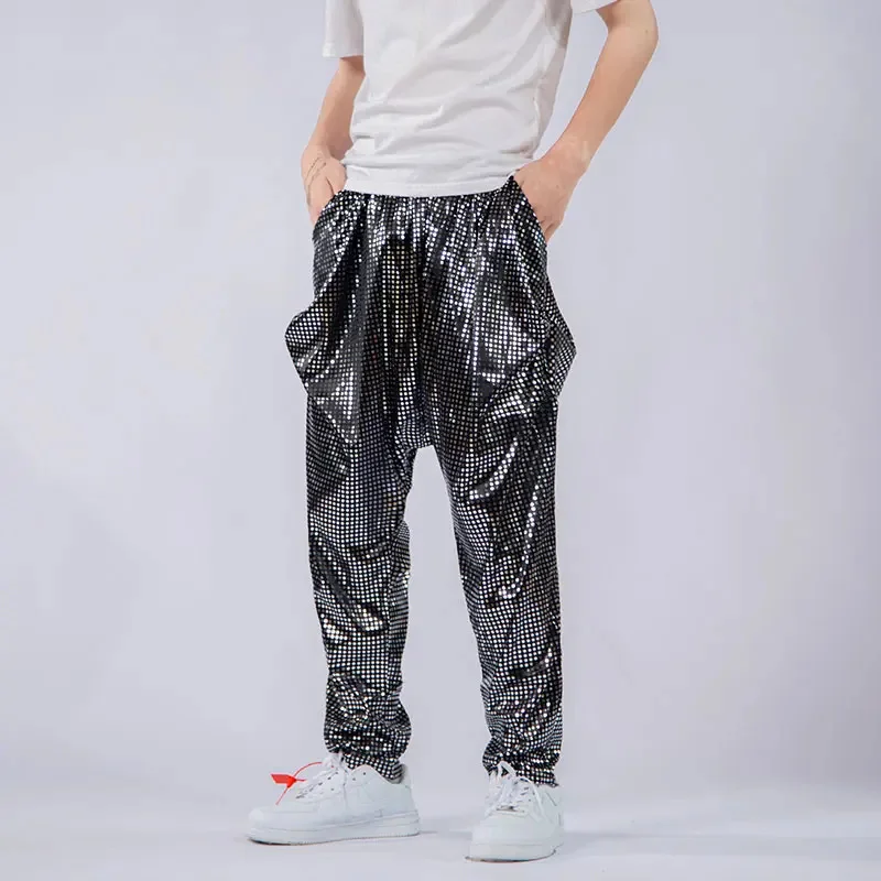 Mens Shiny Silver Laser Joggers Sweatpants Hip Hop Sequin Plaid Harem Pants Men Trousers Club Party Festival Prom Streetwear