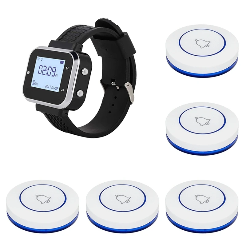 ABRU-Wireless Calling System 5 Table Call Button Transmitters 1 Watch Pager, Restaurant Waiter Service Bell Buzzer