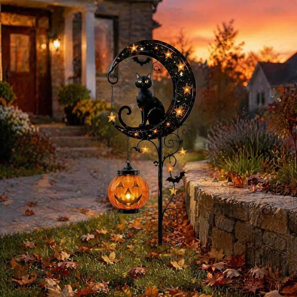 Outdoor Lantern Decorations Halloween Solar Garden Stake Lights Black Cat Pumpkin Moon Outdoor Decorations Waterproof Lawn Patio