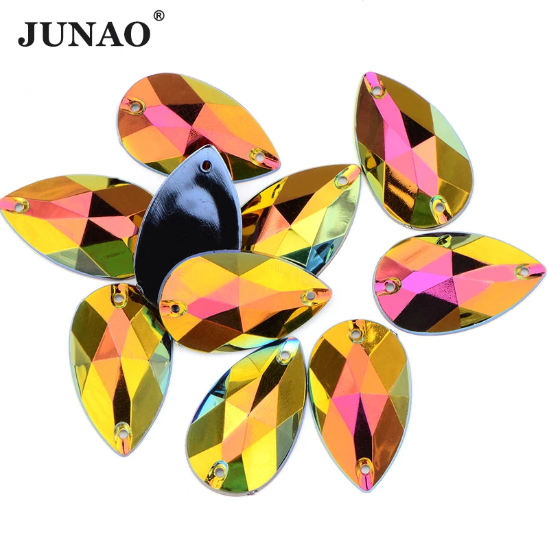 JUNAO 17*28mm 100pcs Sew On Pink AB Crystals Big Teardrop Rhinestone Acrylic Strass Appliques Flatback Stones for DIY Crafts