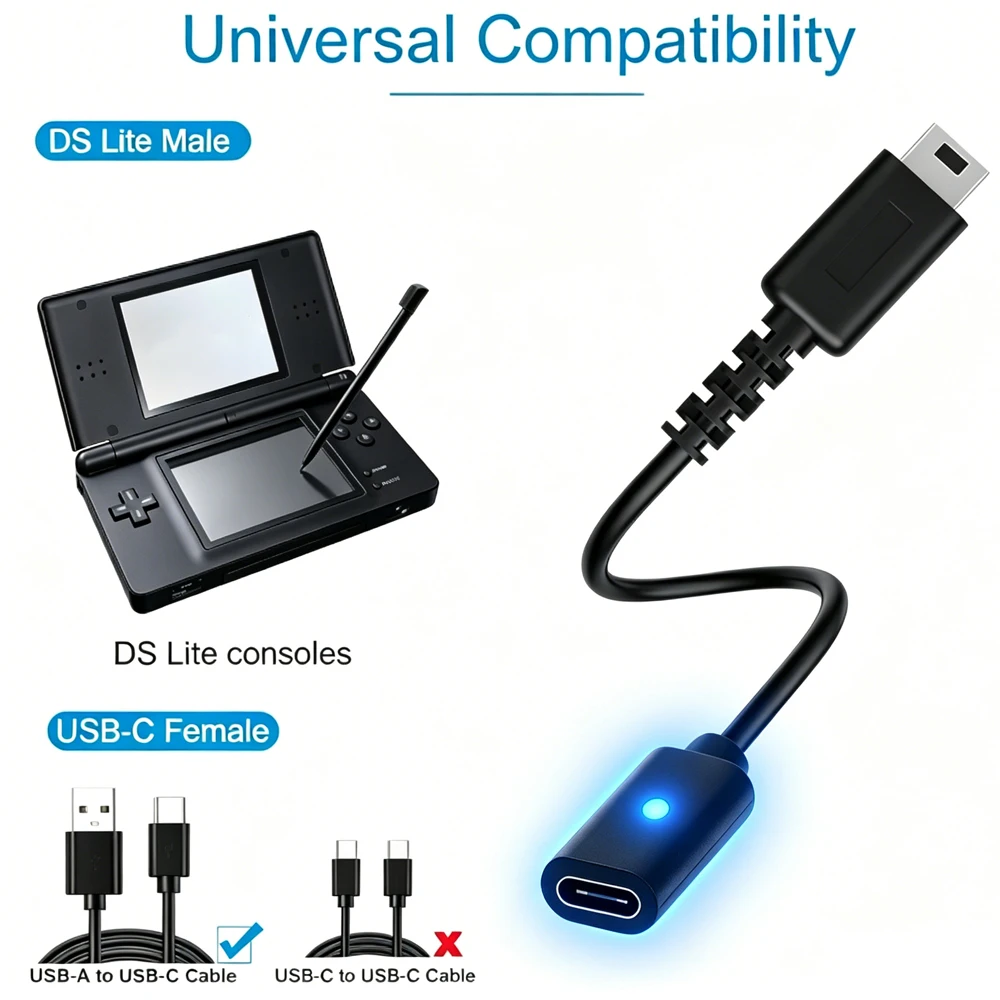 USB C PD Charging Cable for Nintendo DS Lite NDSL Game Console with LED Convert Power Supply Wire Cord for NDSL Accessories