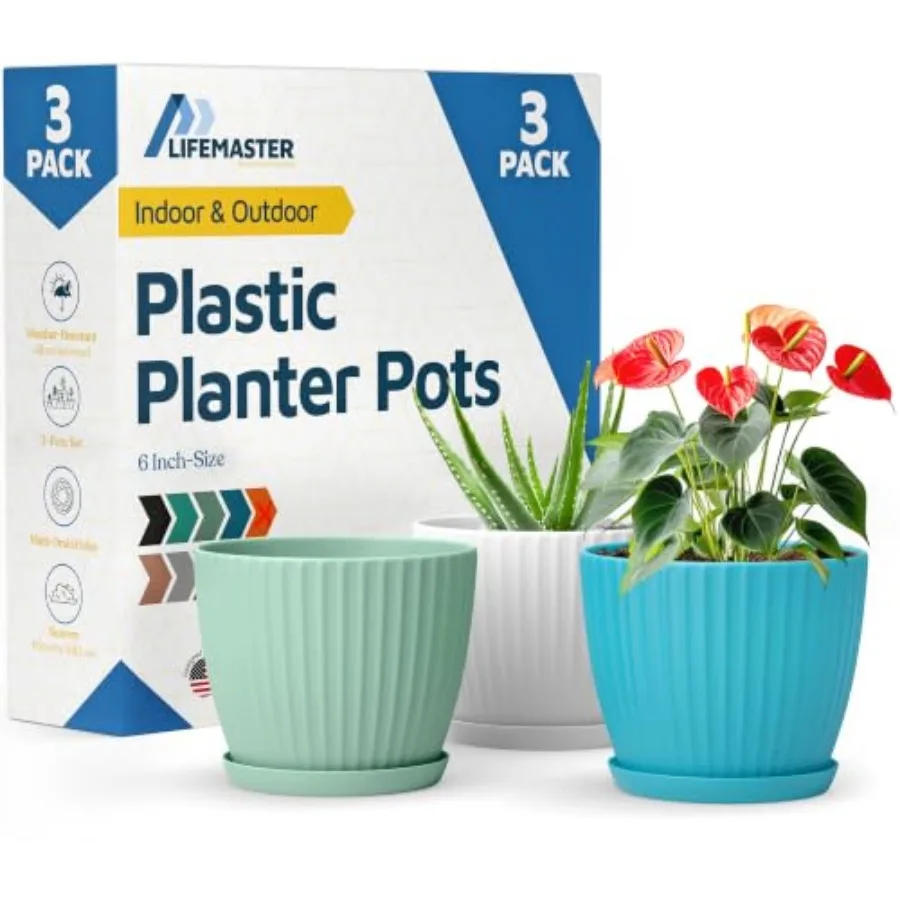 

6-Inch Plant Pots with Drainage and Saucers 3 Pack, Indoor and Outdoor Planters for Houseplants, Herbs, and Flowers, Durable an