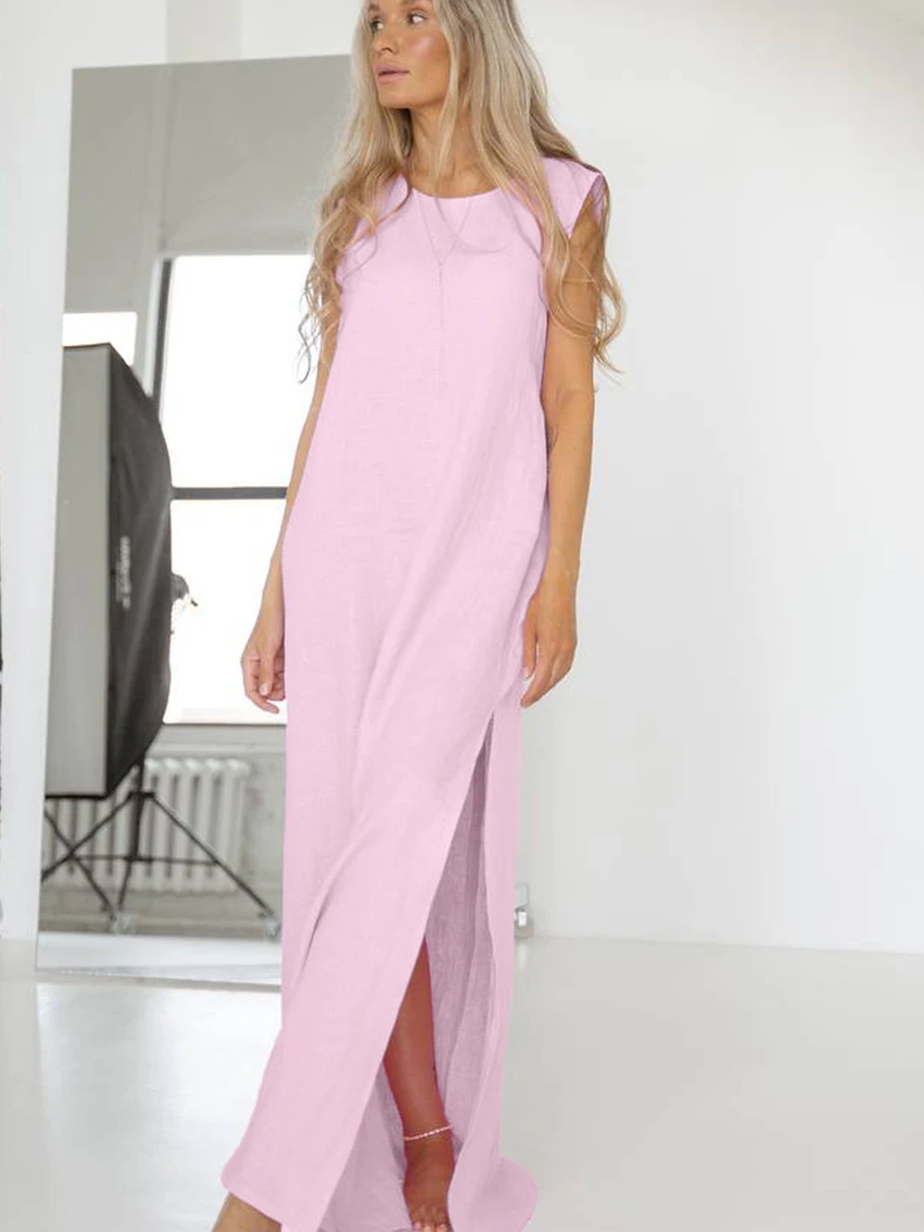 Marthaqiqi Pink Female Sleepwear O-Neck Nightgown Sleeveless Nightwear Split Pajama Floor-Length Dress Cotton Women Home Clothes