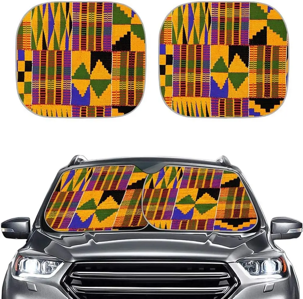 African Ethnic Abstract Art Yellow 2pcs Car Sun Shade for Windshield UV Sun and Heat Blocker Visor Protective Cover SUV Truck