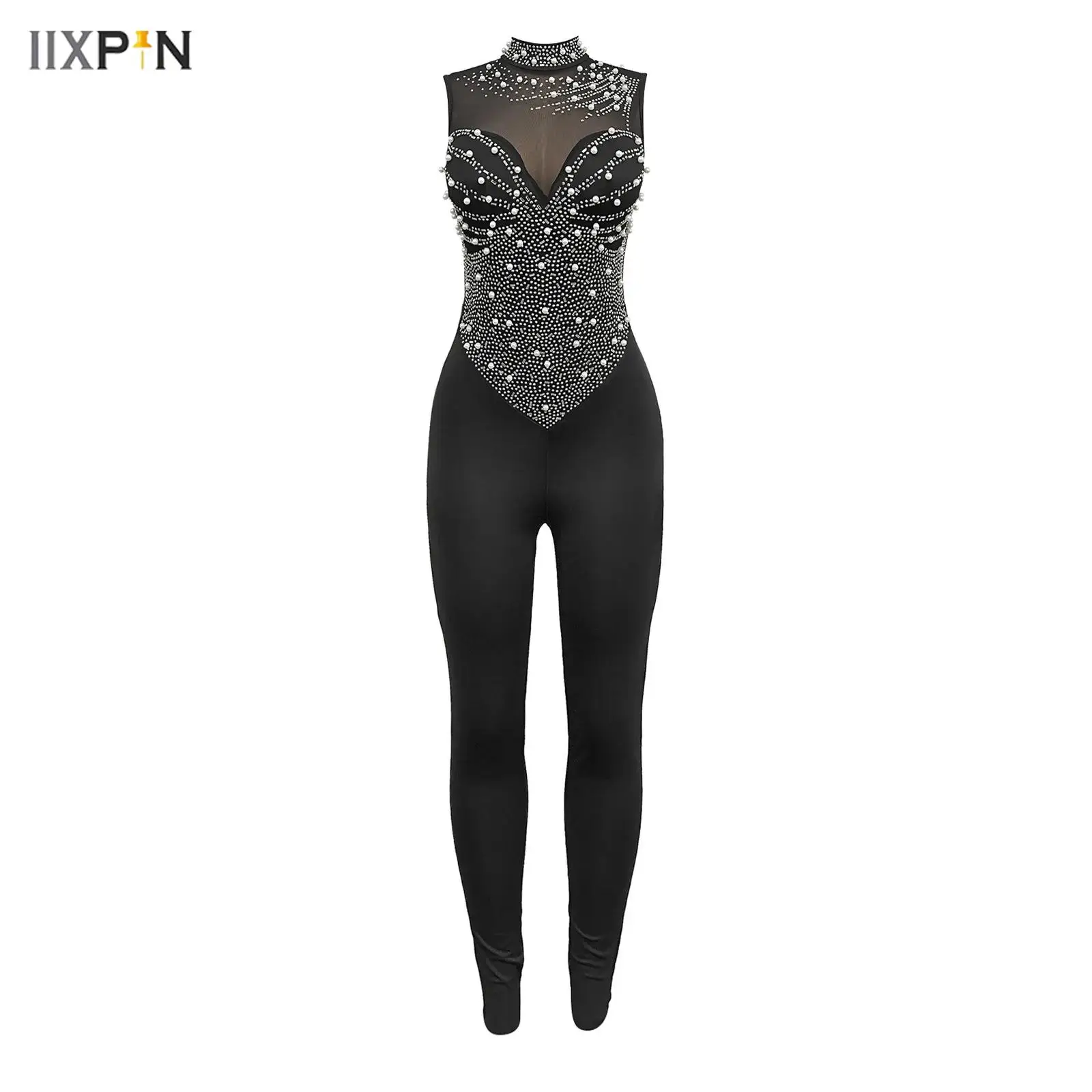 

Womens Glittery Rhinestone Figure Ice Skating Dance Jumpsuit Mock Neck Sleeveless Sheer Mesh Patchwork Rompers Bodysuit Tango