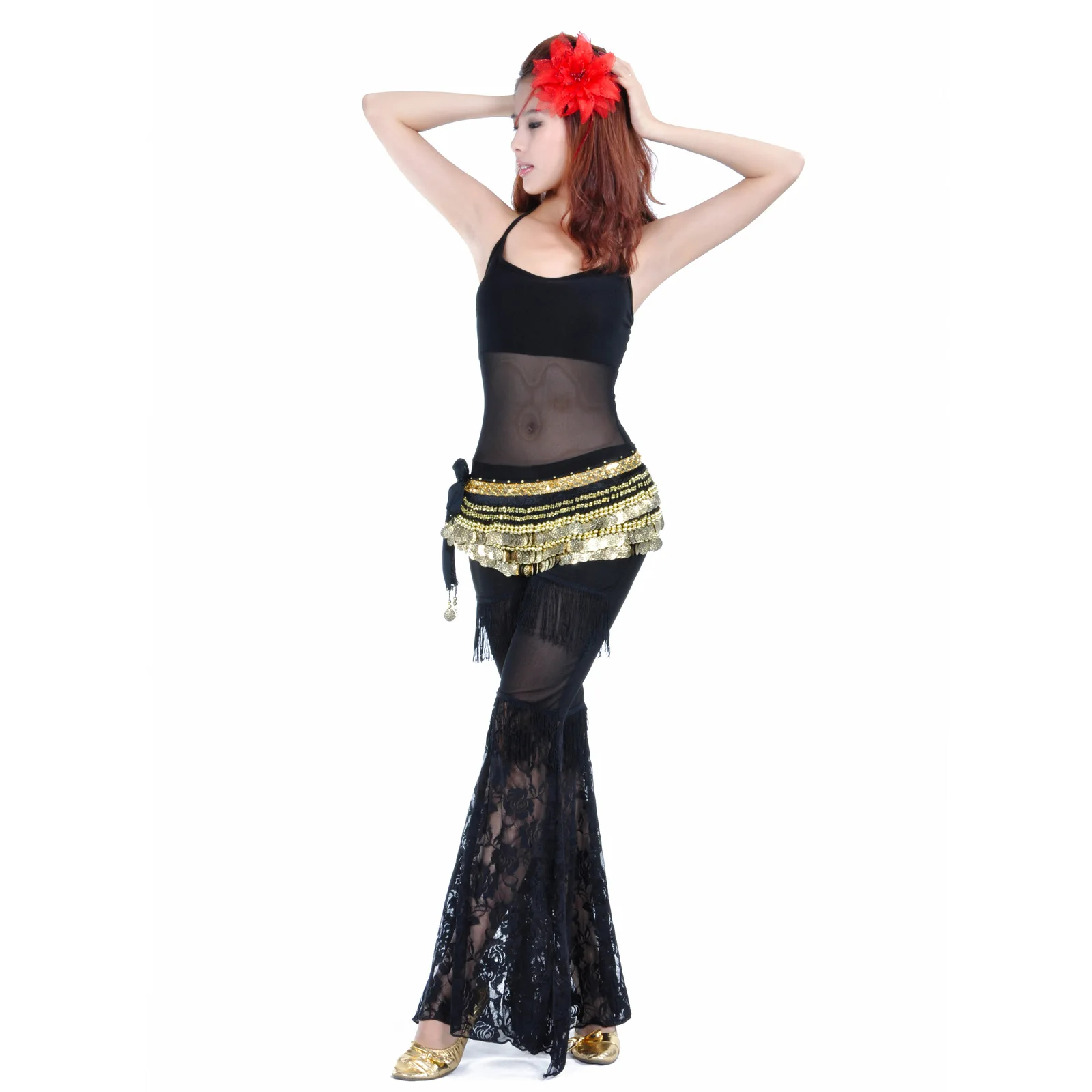Tassel lace pants set with suspenders, semi-transparent yarn top, belly dance clothing, practice pants, source factory direct s