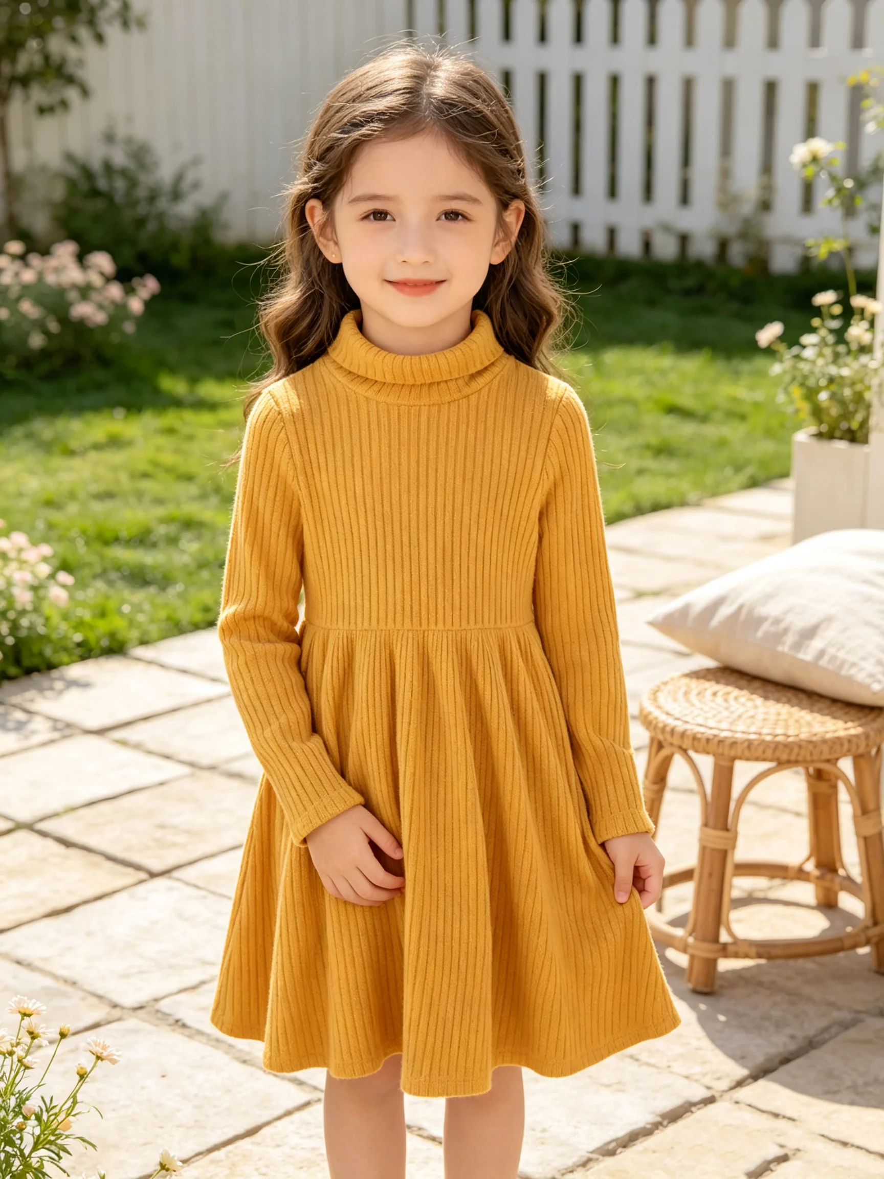 Summer children's clothing for girls, casual high neck, pleated hem, solid color ribbed long sleeved dress, mid length skirt