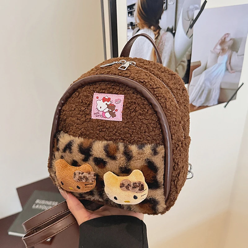

Рюкзак Hello Kitty для девочек, осенне-зимний новый плюшевый леопардовый мини-школьный рюкзак, модная детская милая кофейная сумка на молнии