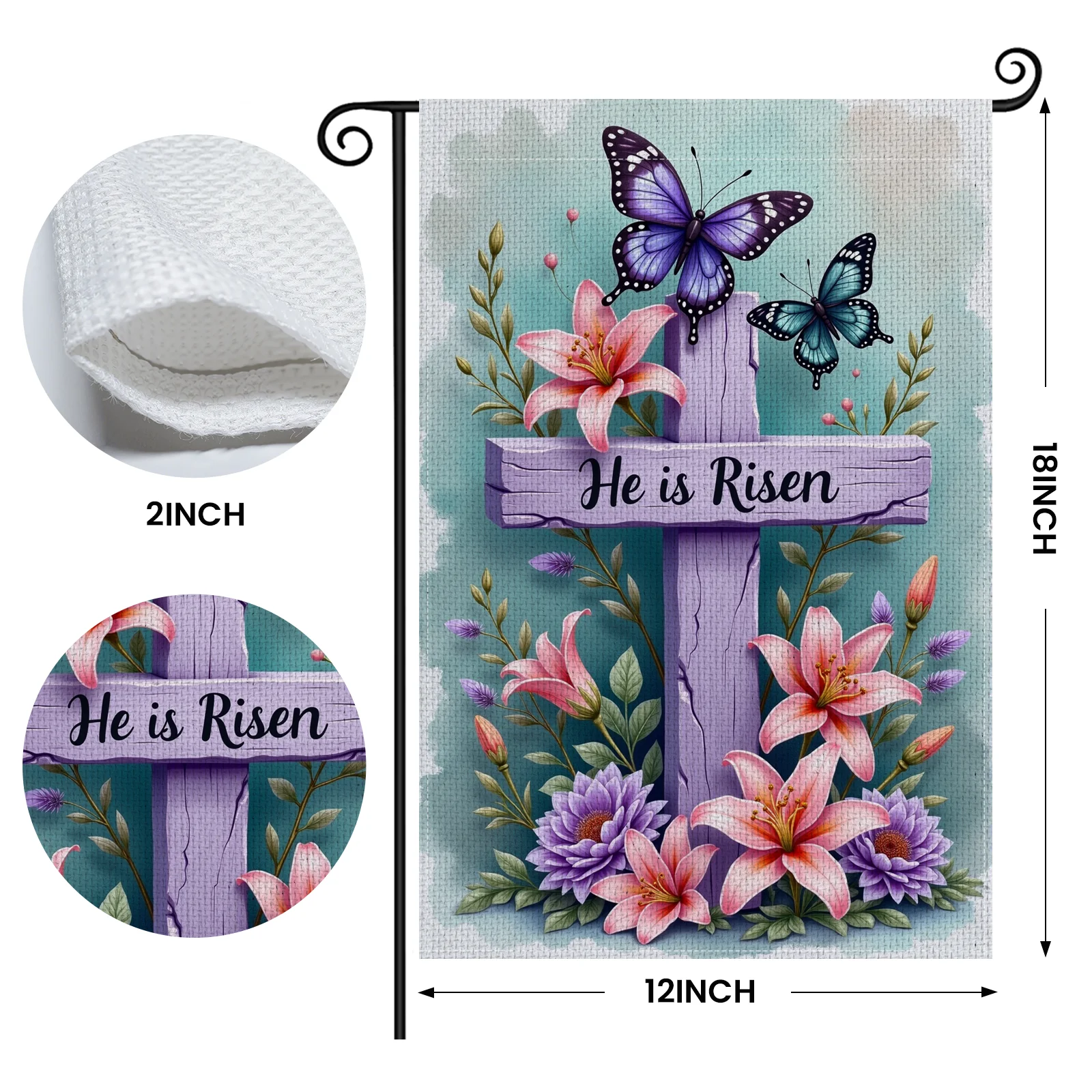 He is Risen Garden Flag Floral Decor Motif Easter Garden Banner Purple Wooden Cross Watercolor Art  Resurrection Cross Flag