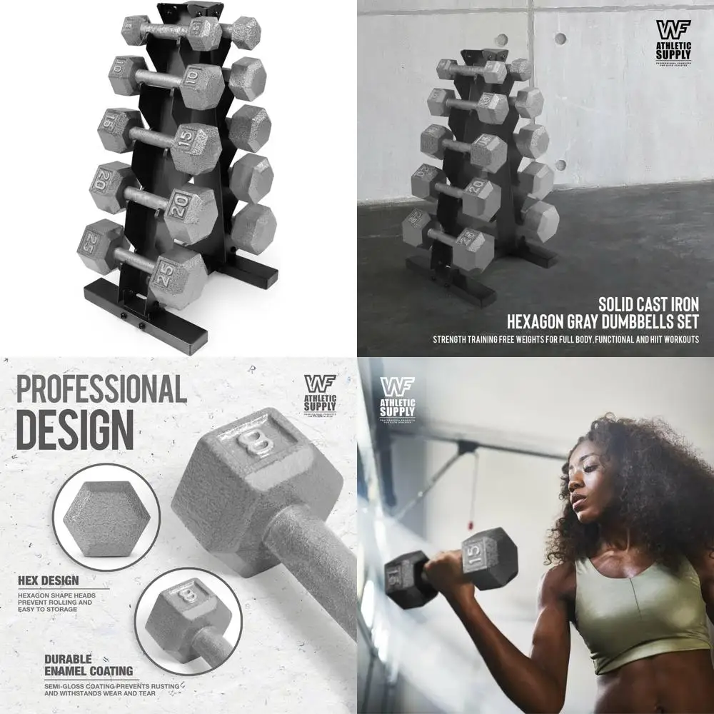 WF Athletic Supply دمبل من الحديد الزهر من 5 إلى 25 رطل مع رف تخزين وتصميم سداسي لرفع الأثقال