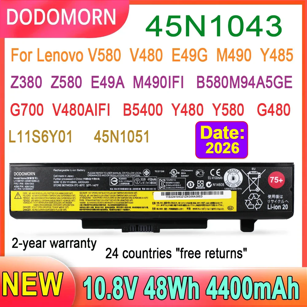 DODOMORN 45N1043 batería del ordenador portátil para Lenovo V580 V480 E49G M490 Y485 Z380 Z580 E49A B580-M94A5GE M490-IFI G700 L11S6Y01 45N1051