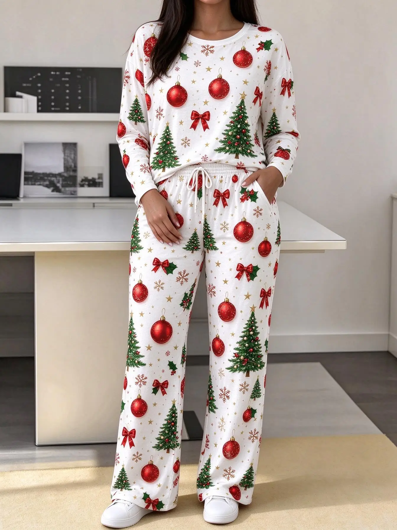Women Imitation Cotton Loungewear Set Christmas Red White Swirl Candy Holly Leaf All Over Print Long Sleeve Pajamas