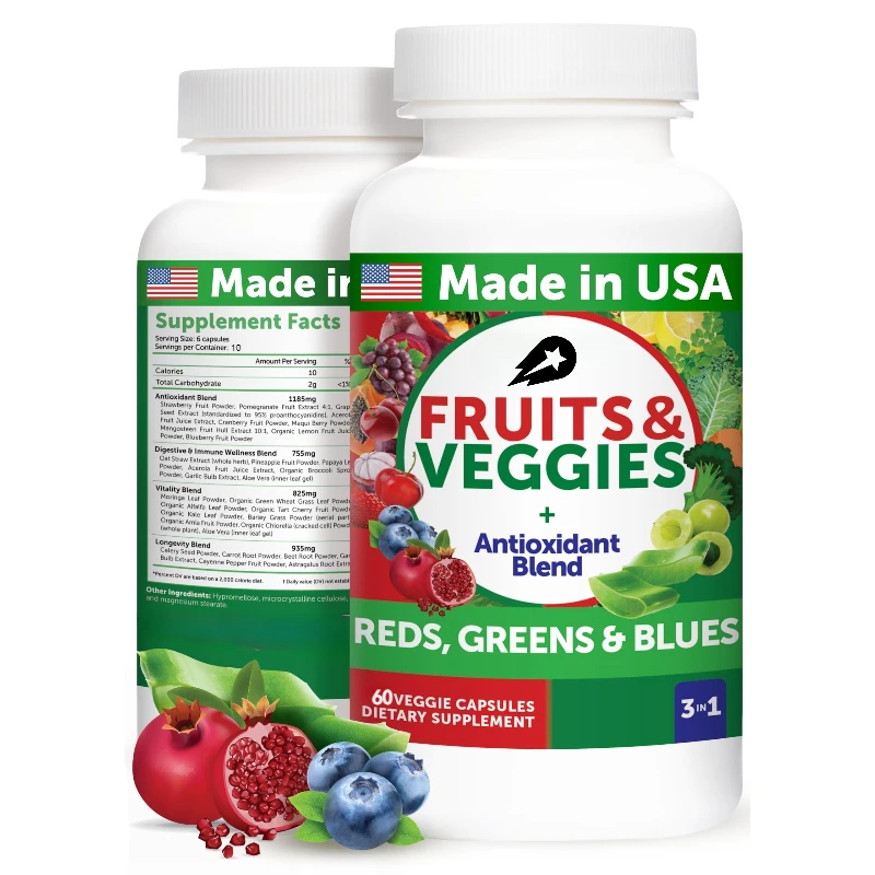 

Fruit and Vegetable Supplements Contain A Mixture of Prebiotics | Non GMO, Gluten Free Vegetarian Capsules