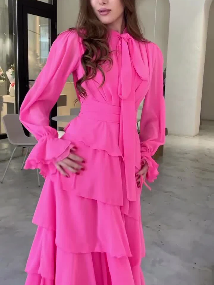 CHICEVER Ruffled Patchwork Dresses For Women Chiffon Design Half High Collar Long Sleeve High Waist Dress Female 2024 New Autumn