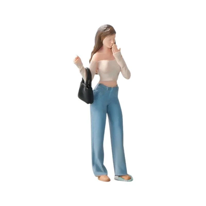 1:64 Scale Model Miniature Satchel With A Line Collar Women GIrls With Black Bag Action Figure Doll DIY Scene Accessory Display