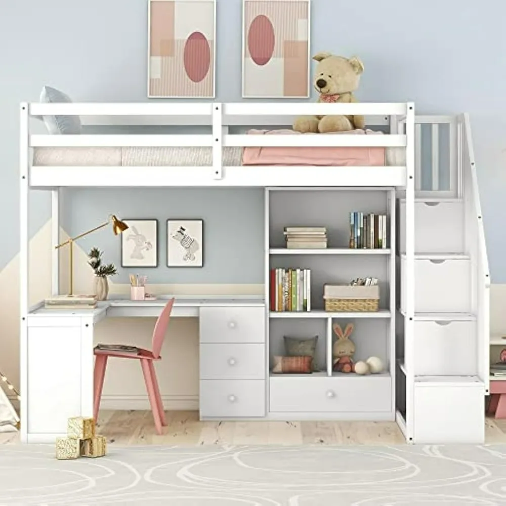 Twin Loft Bed, Stairs and L-Shaped Desk, Solid Wood Loft Bed Frame with Bookcase and Storage Drawers, Loft Bed Children Beds