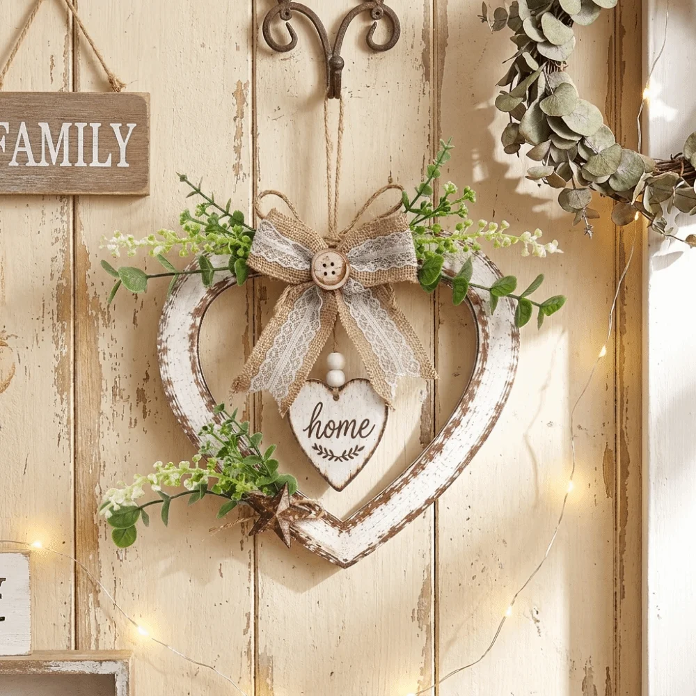 Vintage Heart Shaped Wall Decor Romantic Artificial Plant Wall Hanging Sign Rustic Bow Knot Home Wooden Wreath Farmhouse