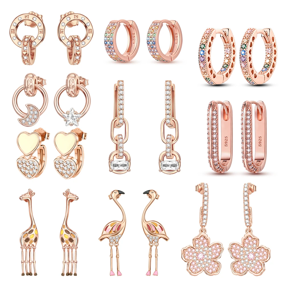 سلسلة الذهب الوردي 925 الفضة الاسترليني فلامنغو الزرافة نجمة والقمر زهرة أقراط أنيقة هدايا مجوهرات الحفلات #1