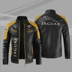 JAGUAR-PU Jaqueta de couro com logotipo do carro, Patchwork Biker Jackets, Casual Zipper Coat, Masculino Outwear