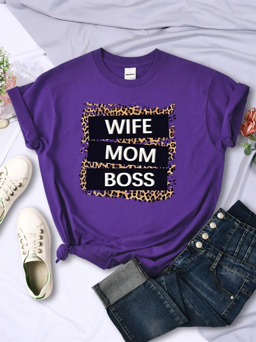 Straße Frau T-Shirts Frau Mama Boss Brief Leopard Drucke T-shirts Weiche Atmungsaktive Oansatz Kurzarm Sommer Casual Weibliche Kleidung – Detail 6