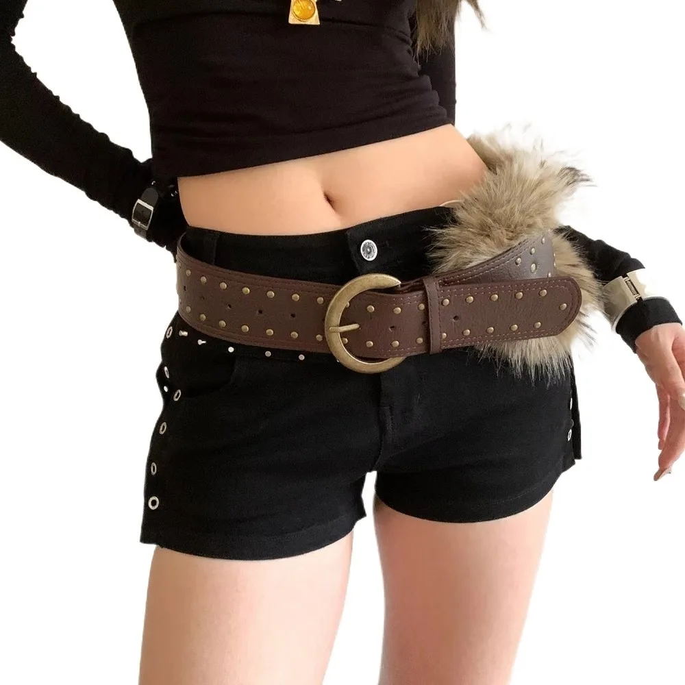 High Quality Retro Punk Belt Brown Faux Fur Women Belt Wide Rivet Fur Belt Women Waist Accessory