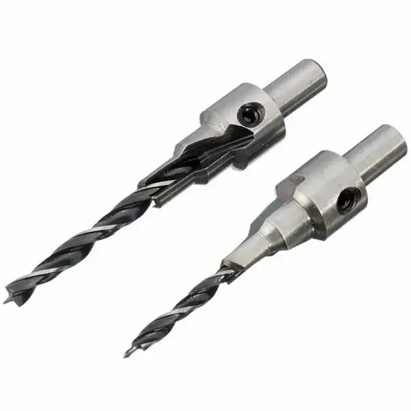 2PC Two Edge Three Step Woodworking Three Point Countersunk Hole Drill 4/5mm Self Centering Cone Hole Drill Bit Wrench Tool Set