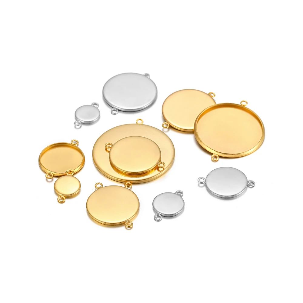 10Pcs Gold Plated Stainless Steel 6-30mm Round Blank Tray Charms Cabochon Cameo Bases for DIY Necklace Jewelry Making Supplies
