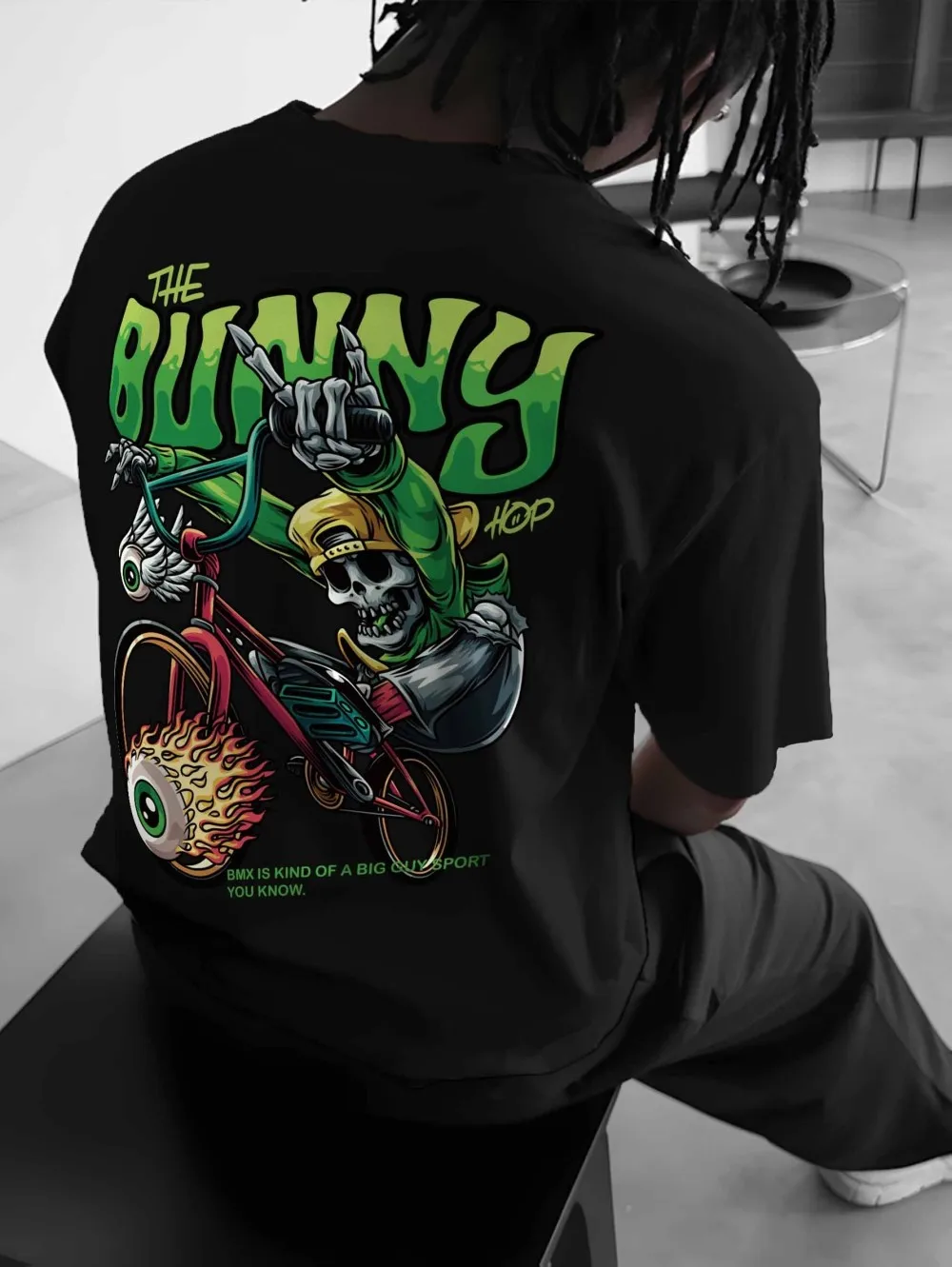 New American Men's Summer Skeleton Bicycle Flame Letter Printed Micro Elastic Breathable Round Neck T-shirt Outdoor Street Top