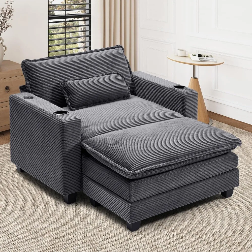 

Oversized Chaise Lounge Chair, 41 W Fluffy Sofa Bed with Pillows & Wide Armrests, Ottoman & USB Cup Holders，Plush Faux Fur Recli