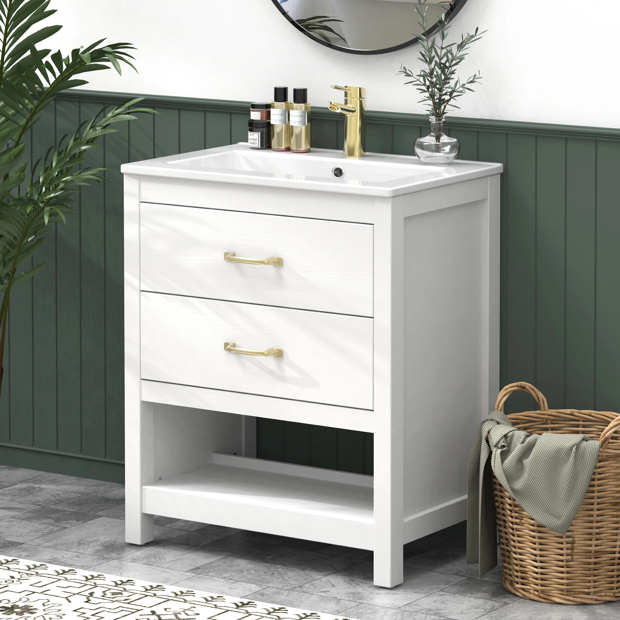 24 Inch Bathroom Vanity with Sink, Modern White Vanity Cabinet with Light, 2 Soft-Close Drawers with Organizer