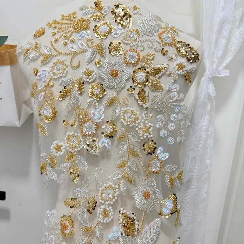 New Heavy - Embroidered Lace Flower Patches with Blue - Gold Beads Sequins and Pearls for DIY Wedding Dresses and Xiuhe Dresses